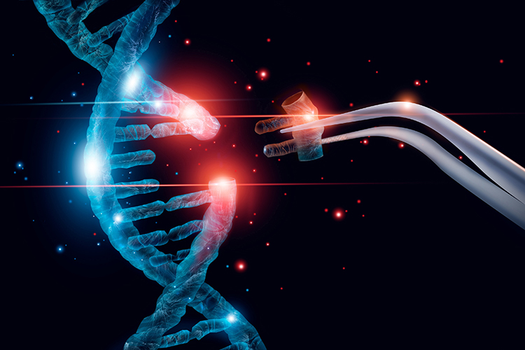 Gene therapy concept - DNA strand with a section being replaced using forceps