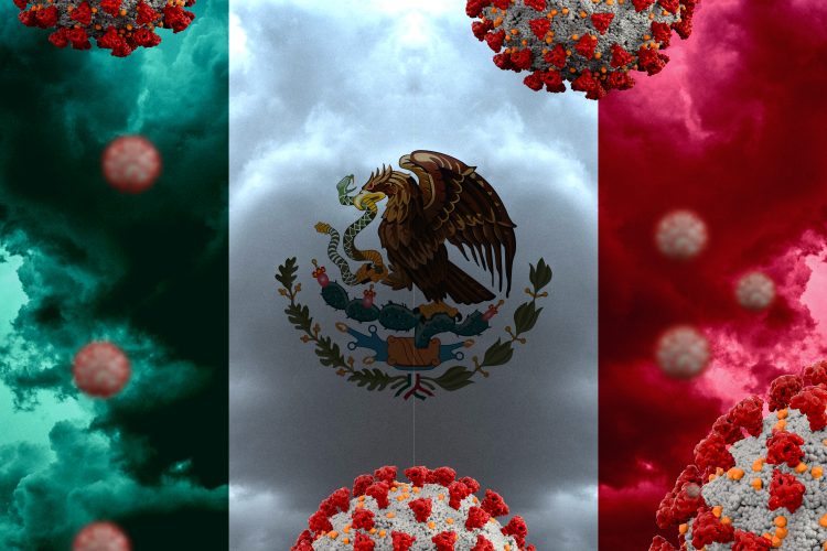 Mexican flag (green, white and red vertical stripes with an eagle in the white stripe) surrounded by COVID-19 particles