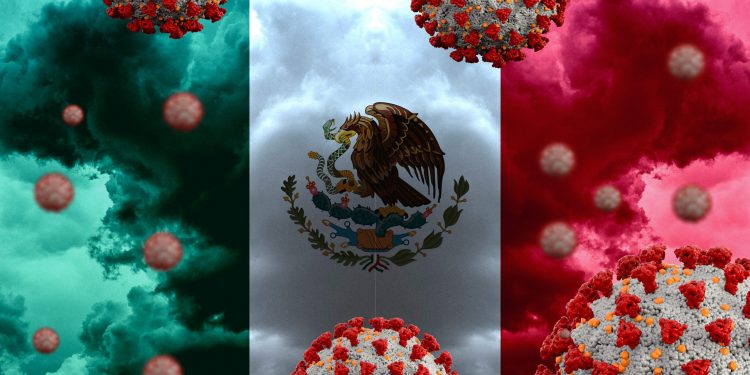 Mexican flag (green, white and red vertical stripes with an eagle in the white stripe) surrounded by COVID-19 particles