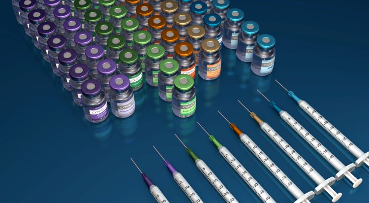 Different COVID-19 vaccine types indicated by lines of vials labelled 'COVID-19 Vaccine' and syringes in different colours.