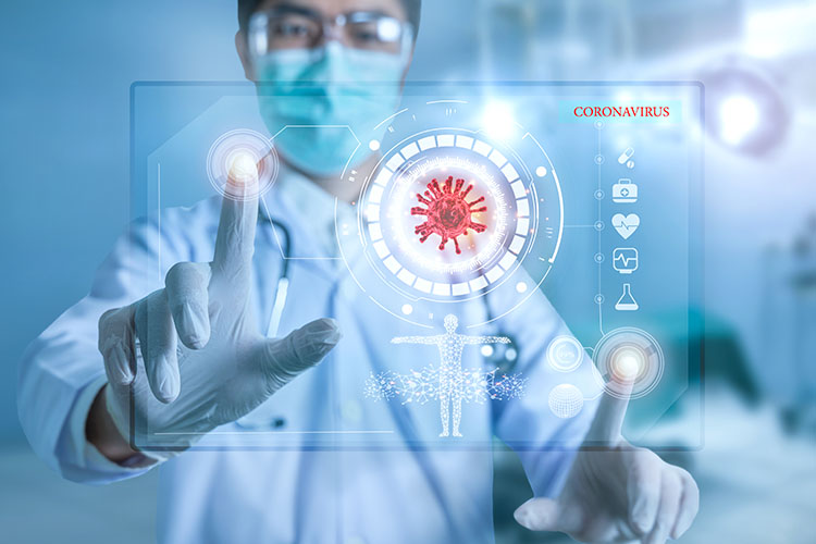 Idea of COVID-19 research - scientist touching a screen displaying an image of a coronavirus particle