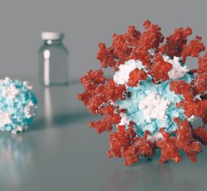 Artist's depiction of an ultrapotent COVID-19 vaccine candidate in which 60 pieces of a coronavirus protein (red) decorate nanoparticles (blue and white). The vaccine candidate was designed using methods developed at the UW Medicine Institute for Protein Design. The molecular structure of the vaccine roughly mimics that of a virus, which may account for its enhanced ability to provoke an immune response [Credit: Ian Haydon/ UW Medicine Institute for Protein Design].