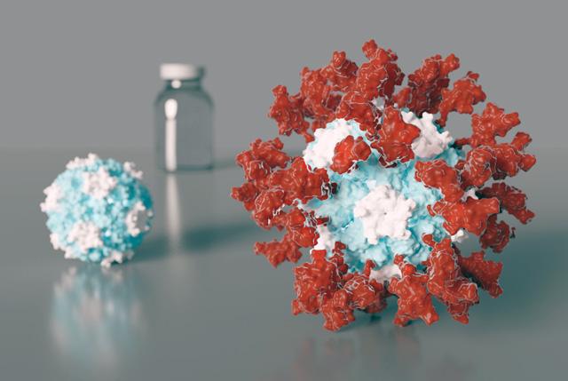 Artist's depiction of an ultrapotent COVID-19 vaccine candidate in which 60 pieces of a coronavirus protein (red) decorate nanoparticles (blue and white). The vaccine candidate was designed using methods developed at the UW Medicine Institute for Protein Design. The molecular structure of the vaccine roughly mimics that of a virus, which may account for its enhanced ability to provoke an immune response [Credit: Ian Haydon/ UW Medicine Institute for Protein Design].