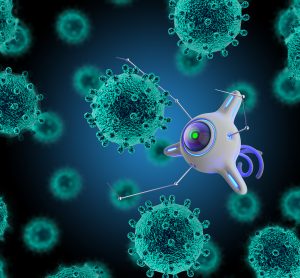 illustration of a white nanobot interacting with a green cell