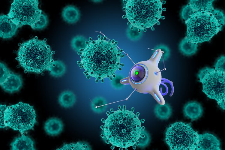 illustration of a white nanobot interacting with a green cell