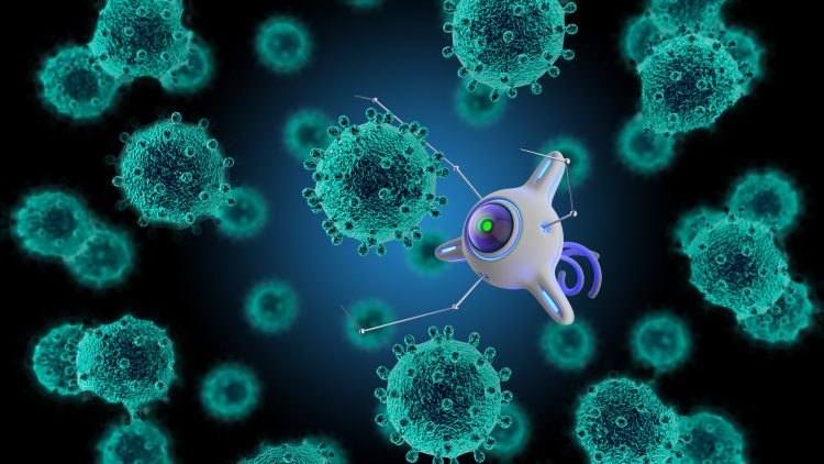 illustration of a white nanobot interacting with a green cell