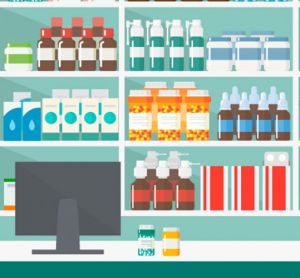 Illustration of pharmacy shelves with over the counter (OTC) drugs on them