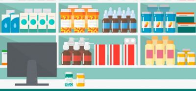 Illustration of pharmacy shelves with over the counter (OTC) drugs on them