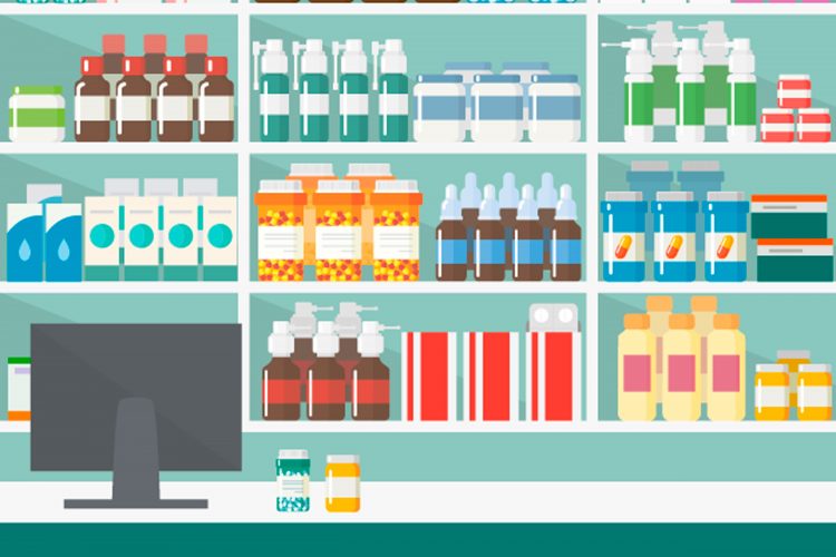 Illustration of pharmacy shelves with over the counter (OTC) drugs on them