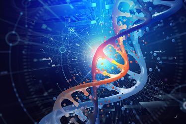 Precision medicine/genomics concept - orange DNA strands on blue glowing background