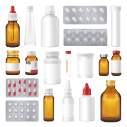 Pharmaceutical packages selection of glass and plastic bottles and pills push through foil