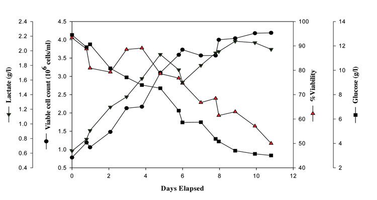 Figure 2: VCC, %viability, glucose and lactate vs. days elapsed in a typical Chinese Hamster Ovary (CHO) cell culture production process grown in generic propriety complex animal component free production media