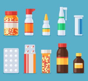 Cartoon of various different types of pharma packaging, including blister packets, glass and plastic bottles etc