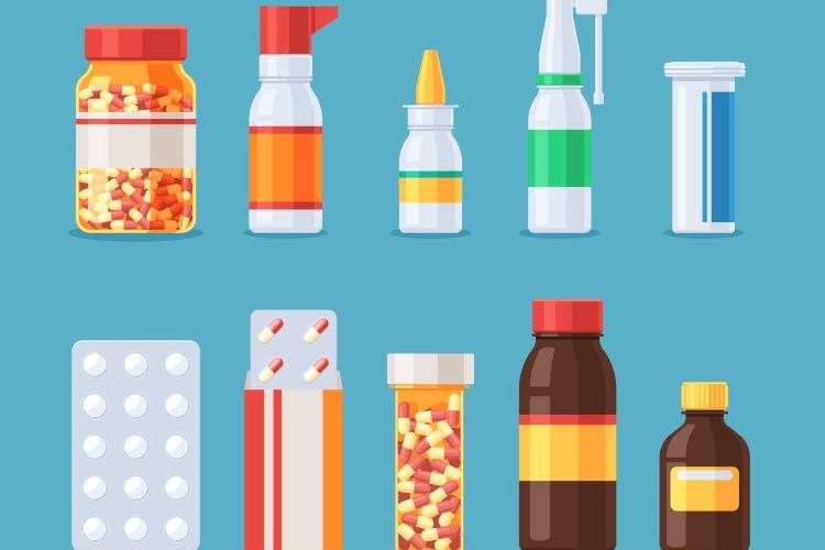 Cartoon of various different types of pharma packaging, including blister packets, glass and plastic bottles etc