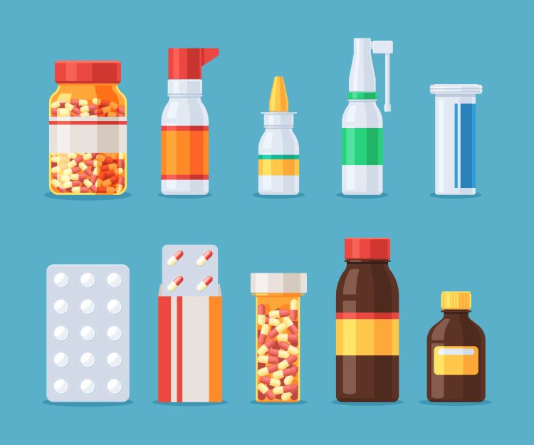 Cartoon of various different types of pharma packaging, including blister packets, glass and plastic bottles etc