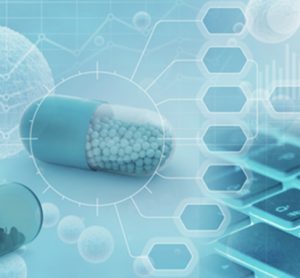 Pharmacovigilance concept - pill surrounded by data symbols