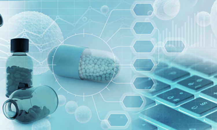 Pharmacovigilance concept - pill surrounded by data symbols