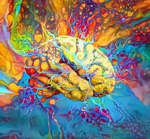 3D rendering of a brain surrounded by abstract psychedelic colours - idea of psychedelic drugs on the brain