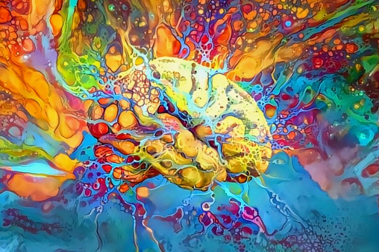 3D rendering of a brain surrounded by abstract psychedelic colours - idea of psychedelic drugs on the brain