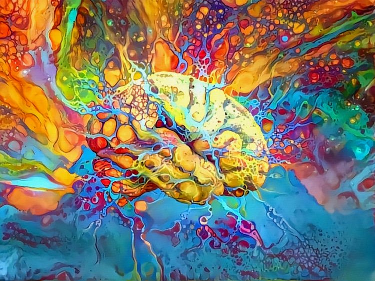 3D rendering of a brain surrounded by abstract psychedelic colours - idea of psychedelic drugs on the brain