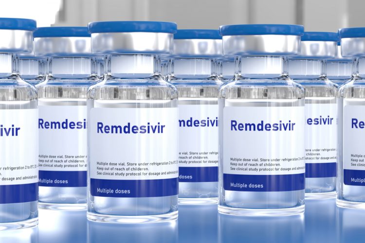 Lines of vials labelled 'remdesivir' - idea of scaling up supply of remdesivir