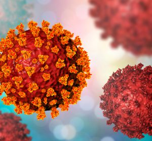 Red SARS-CoV-2 particles with orange surface spike proteins