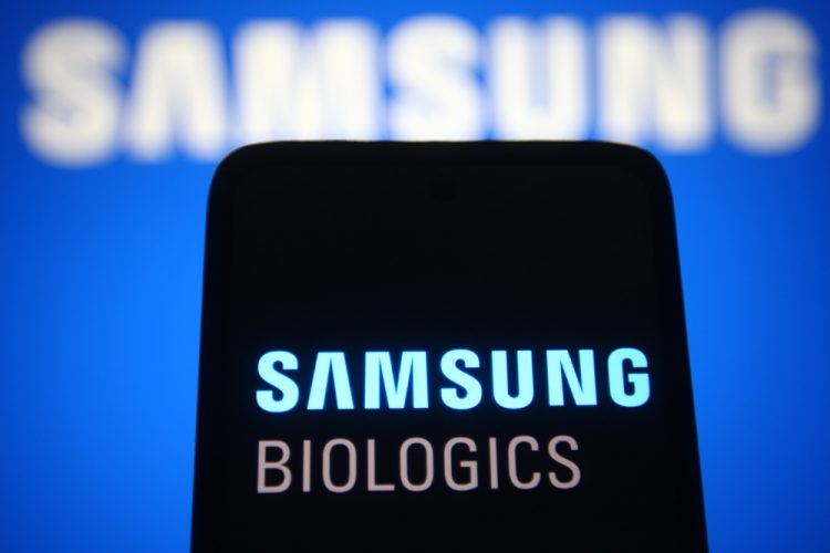 Samsung Biologics logo on a phone screen [Credit: viewimage/Shutterstock.com].