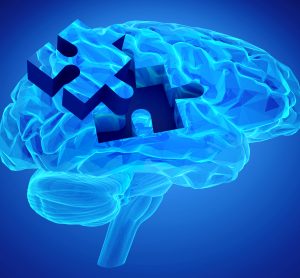 glowing blue brain with a puzzle peice removed and laying to the side - idea of cognitive impairment