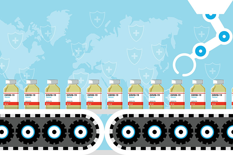 Cartoon of Vaccine vials on a production line/conveyor belt