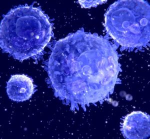 3D illustration of T cells (lymphocytes) in light blue on a dark blue background - idea of cell therapy