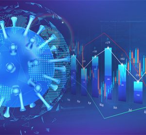 Coronavirus particle next to chart suggestive of stock values