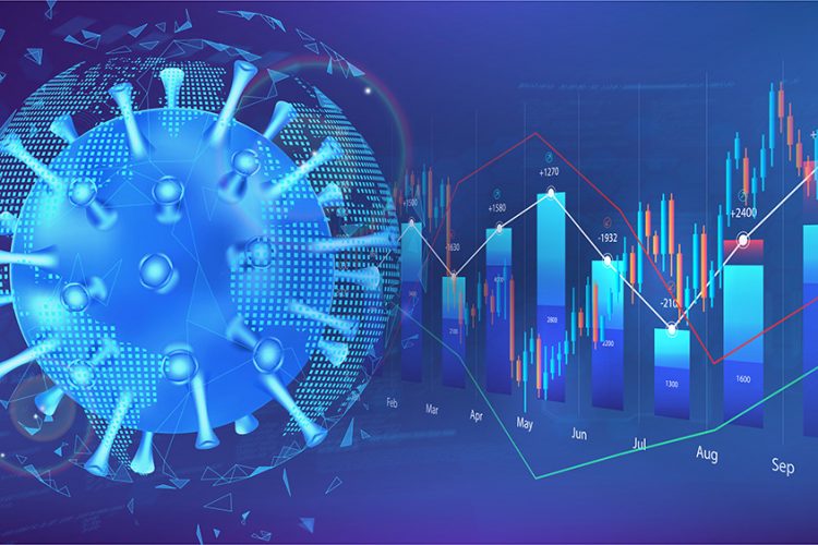 Coronavirus particle next to chart suggestive of stock values