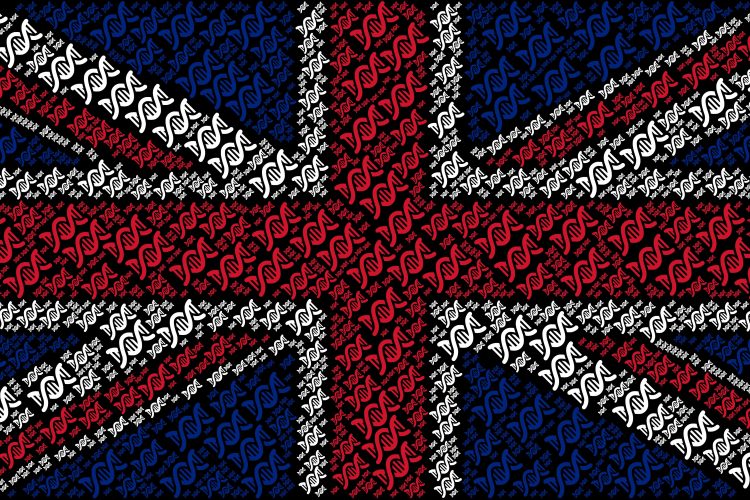 Union Jack flag made out of small DNA strands
