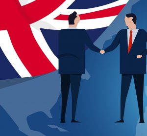 artoon of business people shaking hands in frnt of Union Jack flag