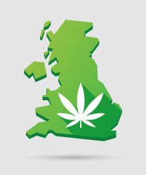 Cartoon map of UK with a cannabis leaf icon on it