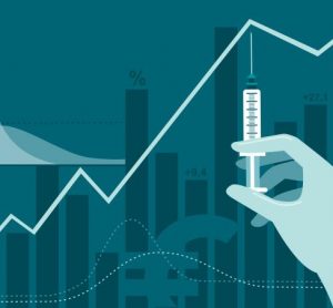 investment in vaccines - financial chart overlaid with a vaccine