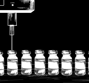 black and white cartoon - vials of vaccine on a production line