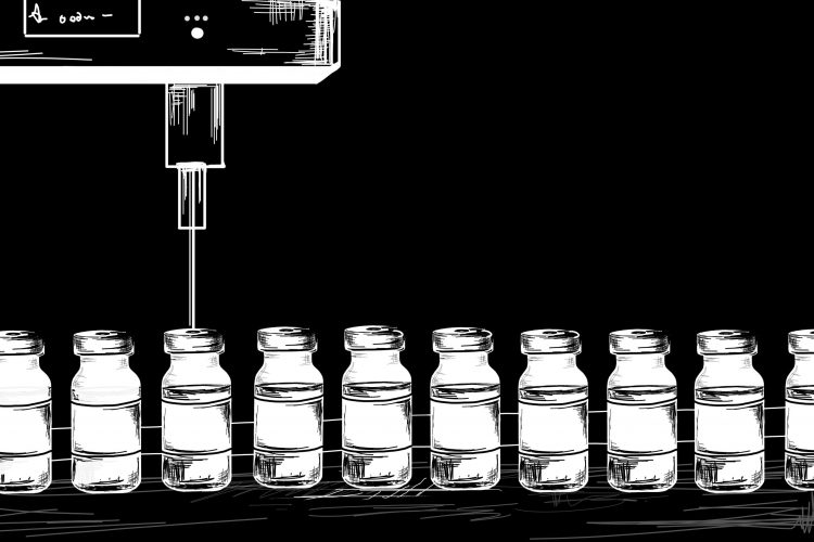 black and white cartoon - vials of vaccine on a production line
