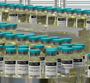 3D illustration of vials labelled 'SARS-CoV-2 coronavirus vaccine' on a production line in a pharmaceutical factory.