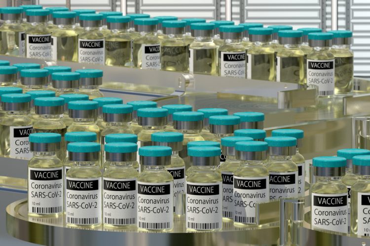 3D illustration of vials labelled 'SARS-CoV-2 coronavirus vaccine' on a production line in a pharmaceutical factory.