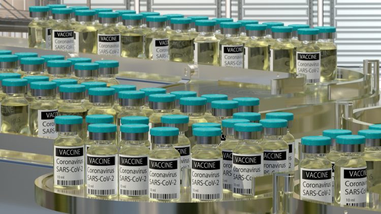 3D illustration of vials labelled 'SARS-CoV-2 coronavirus vaccine' on a production line in a pharmaceutical factory.