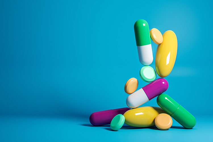 Various tablets and capsules of different colours, shapes and sizes dropping from above onto a flat surface on a blue background