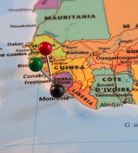 Map of Western Africa with locations of Ebola outbreaks highlighted with coloured pins
