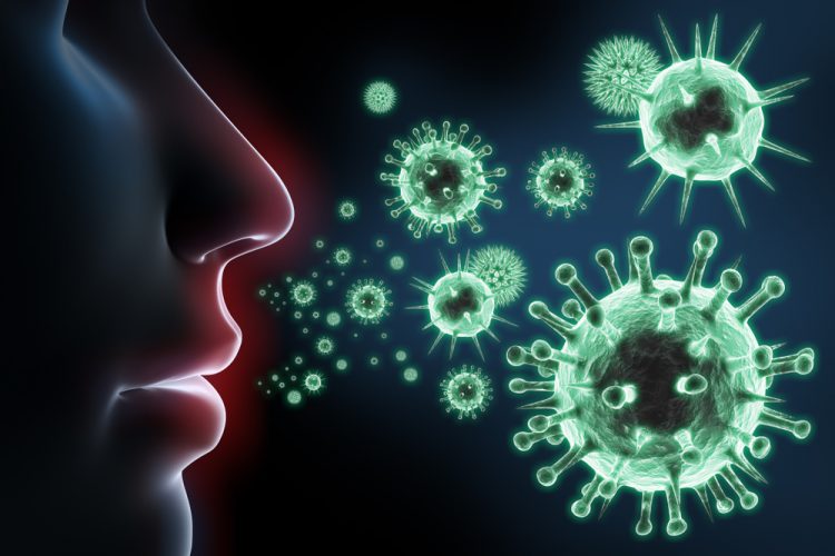 various viruses in green in front of human face