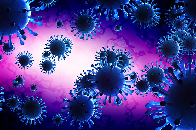 Dark blue coronavirus particles on a purple to white gradient background - idea of COVID-19 detection