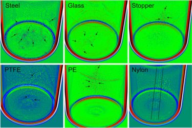  X-ray images of vials with different classes of particulates. Particles of 80–100 μm steel, 80–100 μm glass, 160–250 μm stopper, 160–250 μm PTFE, 160–250 μm PE and 120 m nylon string [Credit: Sacher et al.].