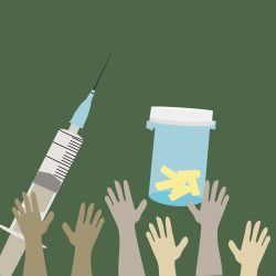 hands reaching out to syringe and pills - idea of access to medication