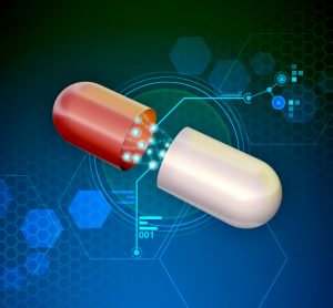 3D illustration of Medicine capsule showing its active ingredients