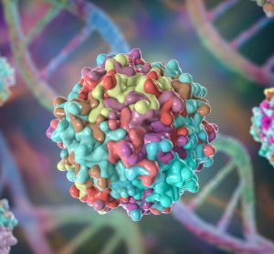 3D illustration of brightly coloured adeno associated viruses in front of DNA strands - idea of viral vectors for gene therapy