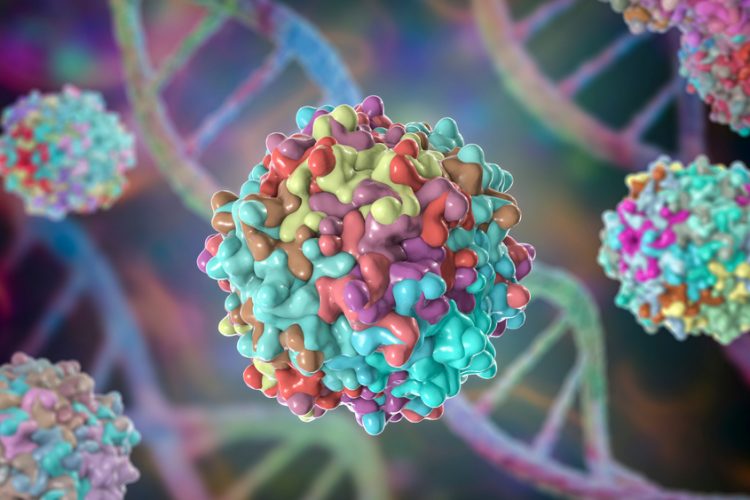 3D illustration of brightly coloured adeno associated viruses in front of DNA strands - idea of viral vectors for gene therapy